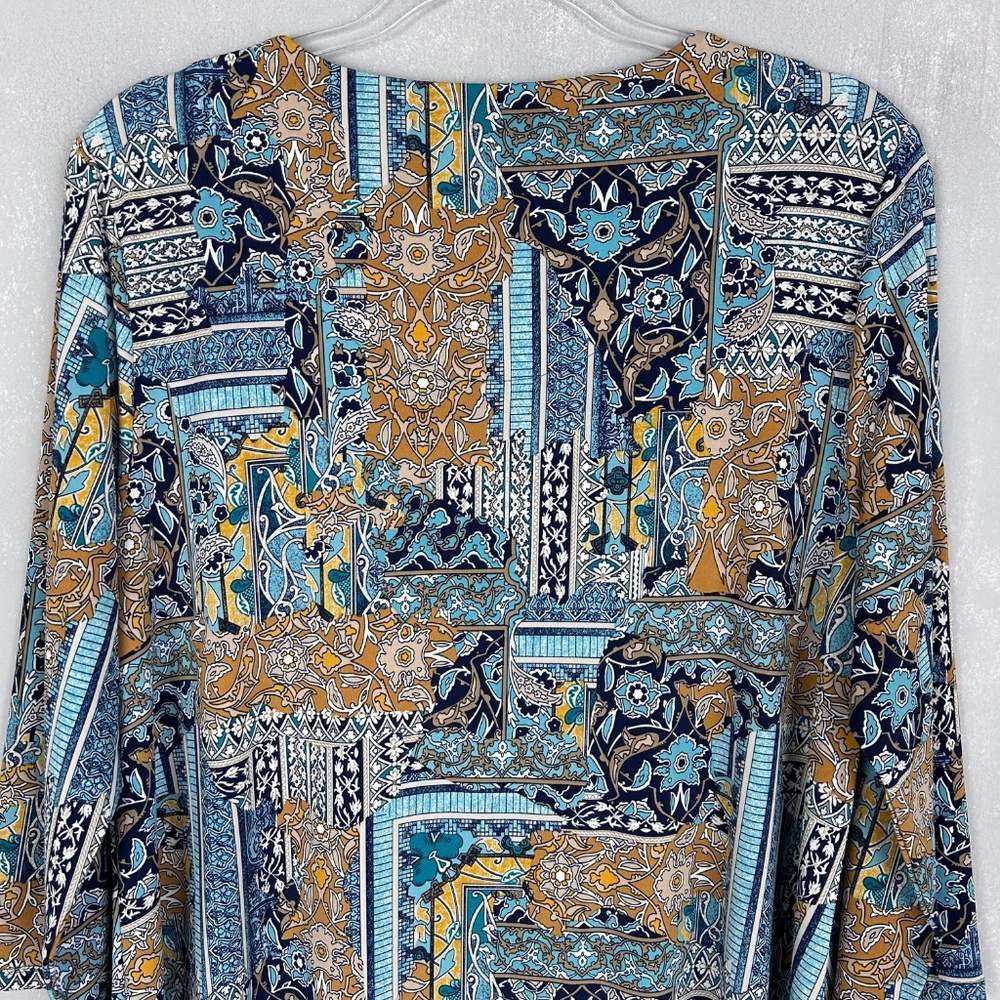 Chicos tunic top size 2 Large blue patchwork 3/4 sleeve stretch knit - Picture 8 of 12